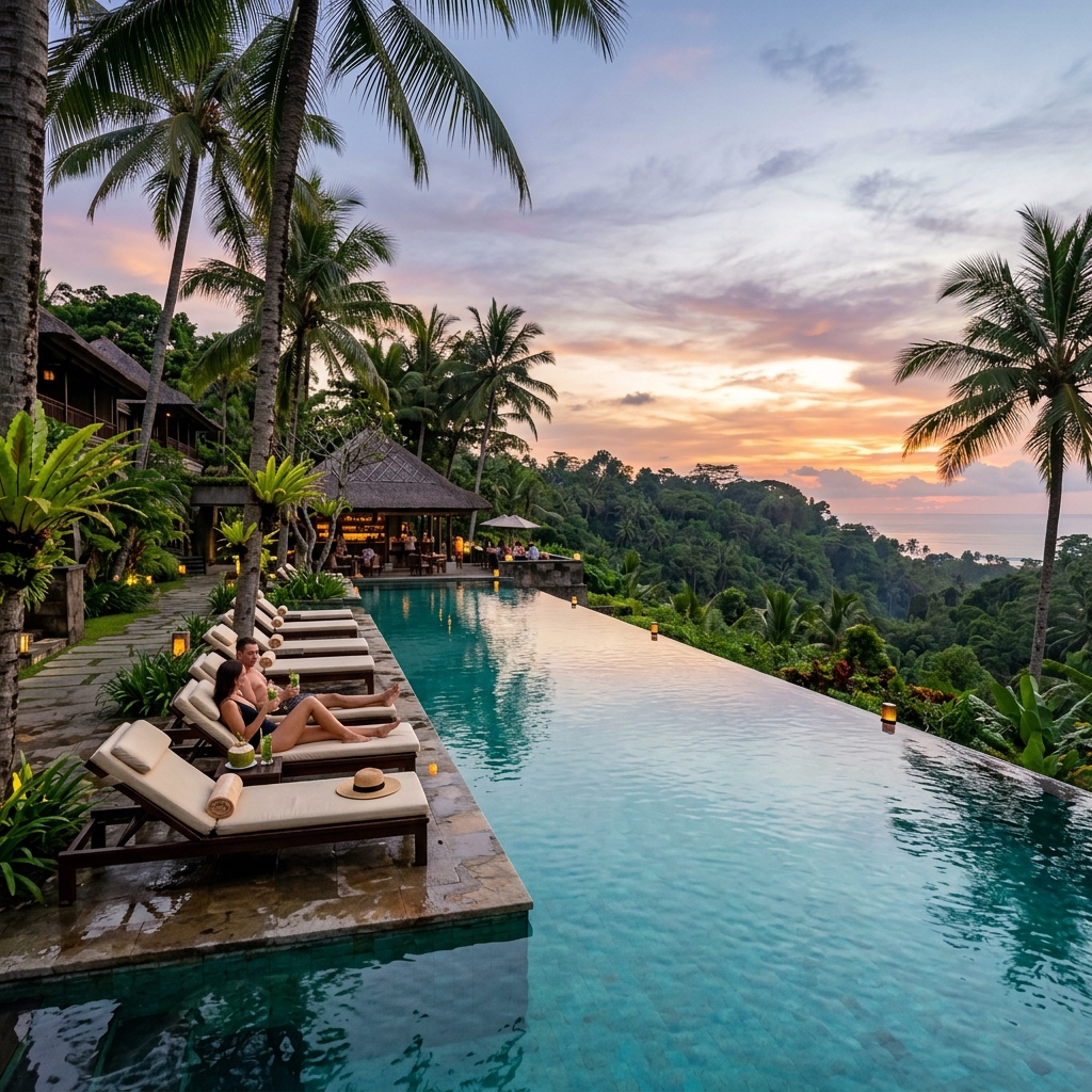Serenova Villas infinity pool surrounded by tropical gardens