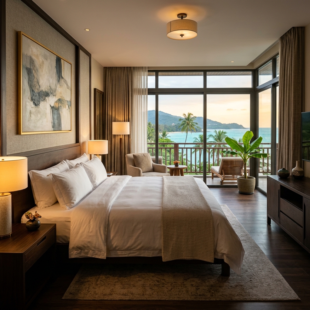Deluxe Garden Room with king bed and balcony at Serenova Villas